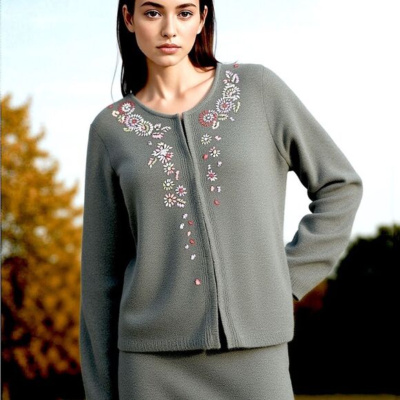 SIGRID OLSEN Vintage 90s Embroidered Floral Cardigan Sweater Medium Cottagecore - Picture 1 of 13